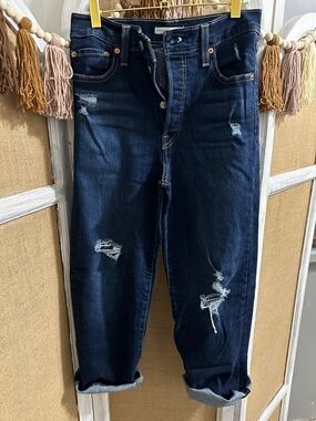 Levi's Dark Blue Distressed Cropped Jeans